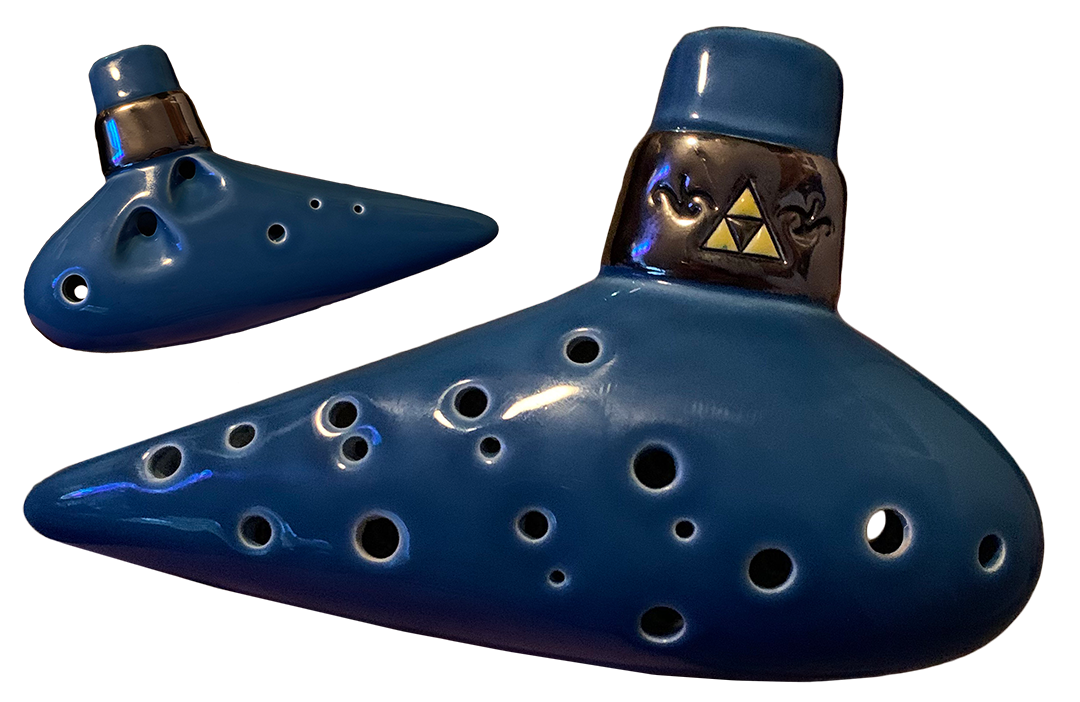 A blue ocarina with a gold band around the mouthpiee, decorated of a triforce